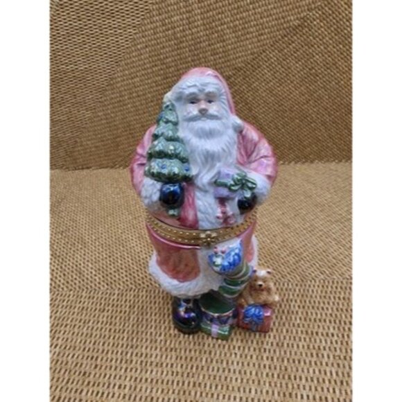 Christmas Decor Trinket Box Santa Claus with Gifts Hinged Porcelain Pink Gold 7" - Picture 1 of 9
